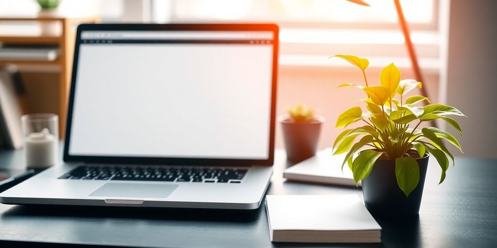 Bureau moderne avec ordinateur portable et plante verte.