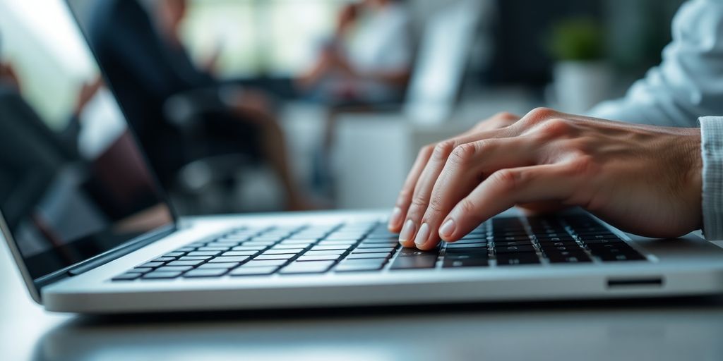 Personne répondant à des avis clients sur un écran.