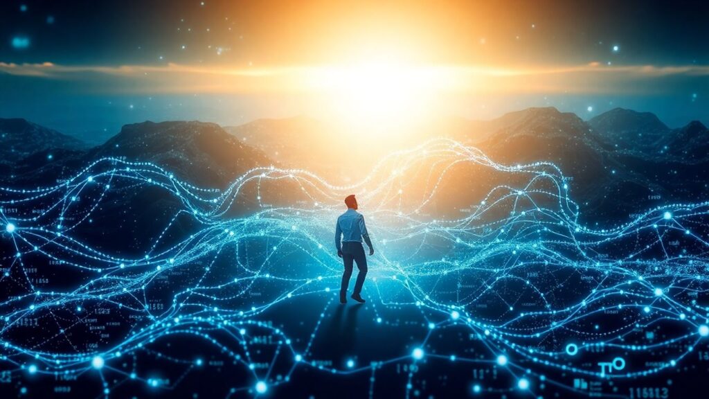 Personne naviguant dans un paysage numérique avec des flux de données.